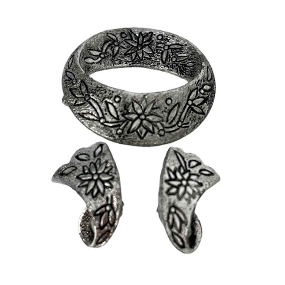 Emmons Vintage Silver Floral Brooch Clip On Earrings Set Bundle